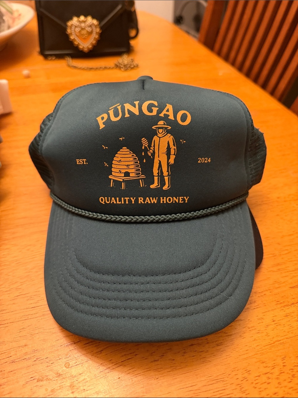 PÚNGAO Quality Raw Honey Trucker Hat in Dark Green with Gold Print